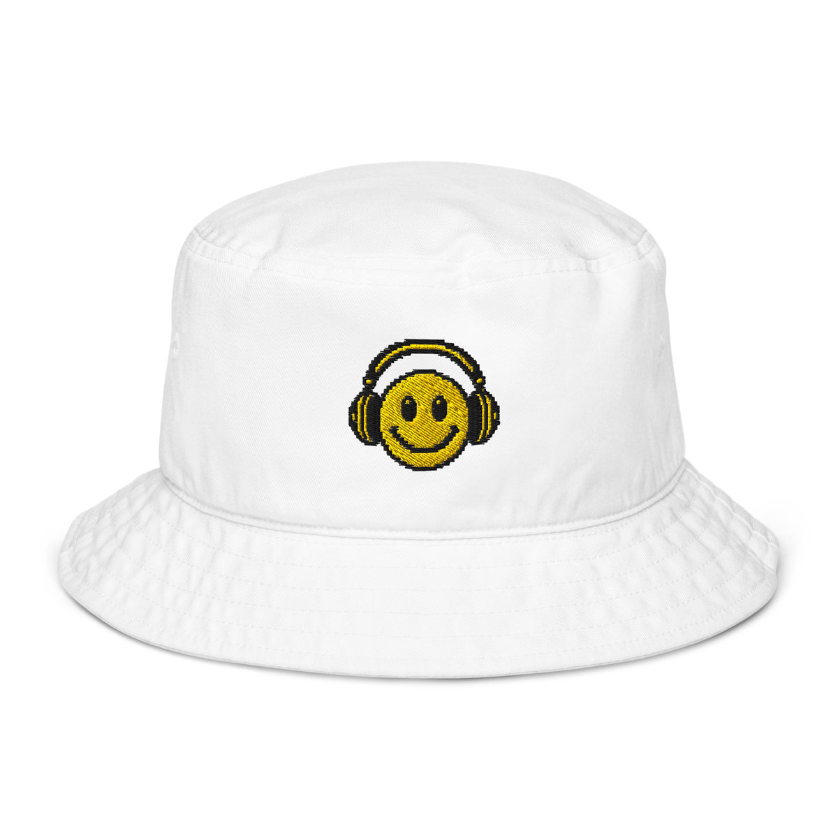 Smiley Headphones Organic Bucket Hat in white – front – E E McMace