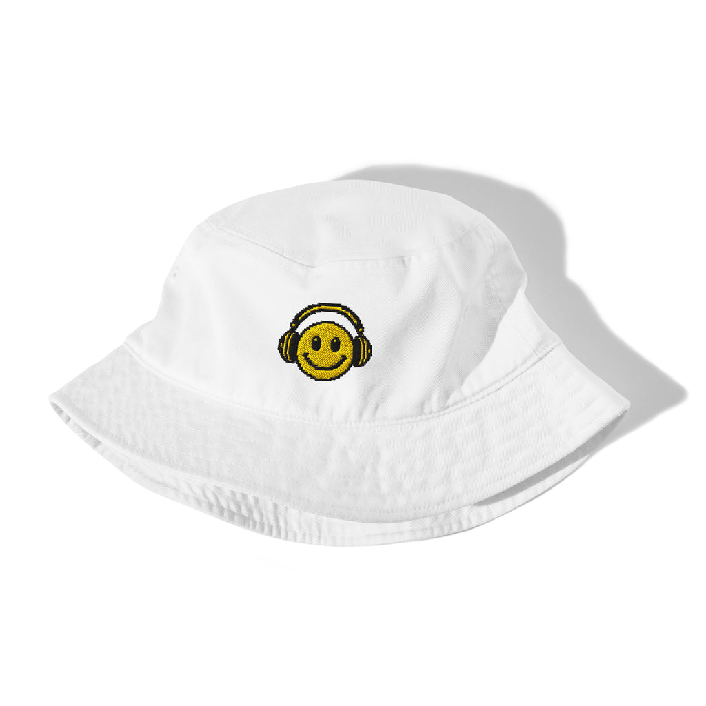Smiley Headphones Organic Bucket Hat in white – front – E E McMace