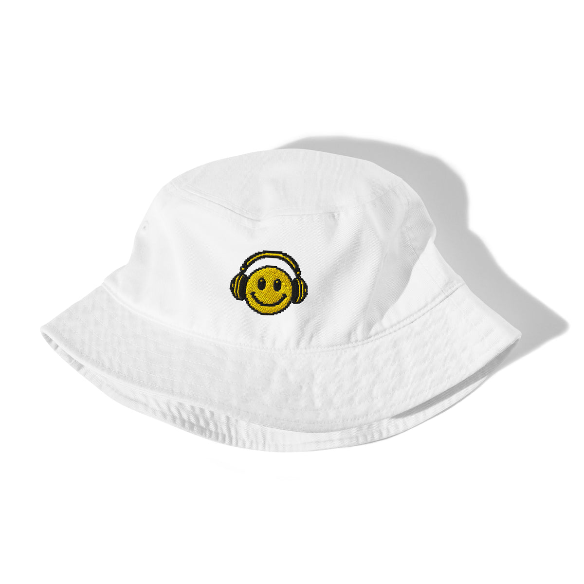 Smiley Headphones Organic Bucket Hat in white – front – E E McMace