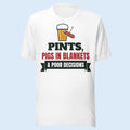 Pints, Pigs in Blankets & Poor Decisions T-Shirt in White, front view – E E McMace Christmas 2026