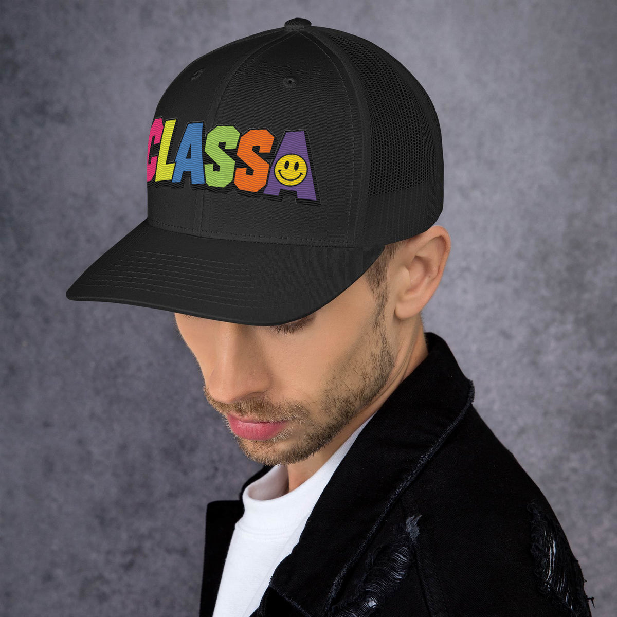 Limited Edition Class A Rainbow Trucker Cap – left side – E E McMace