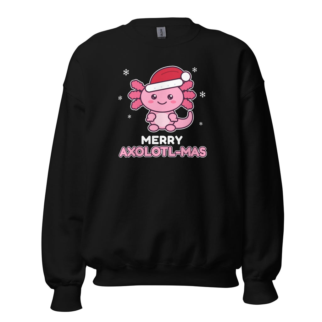 Merry Axolotl-Mas Christmas Sweatshirt in Black, front view – E E McMace Christmas 2026