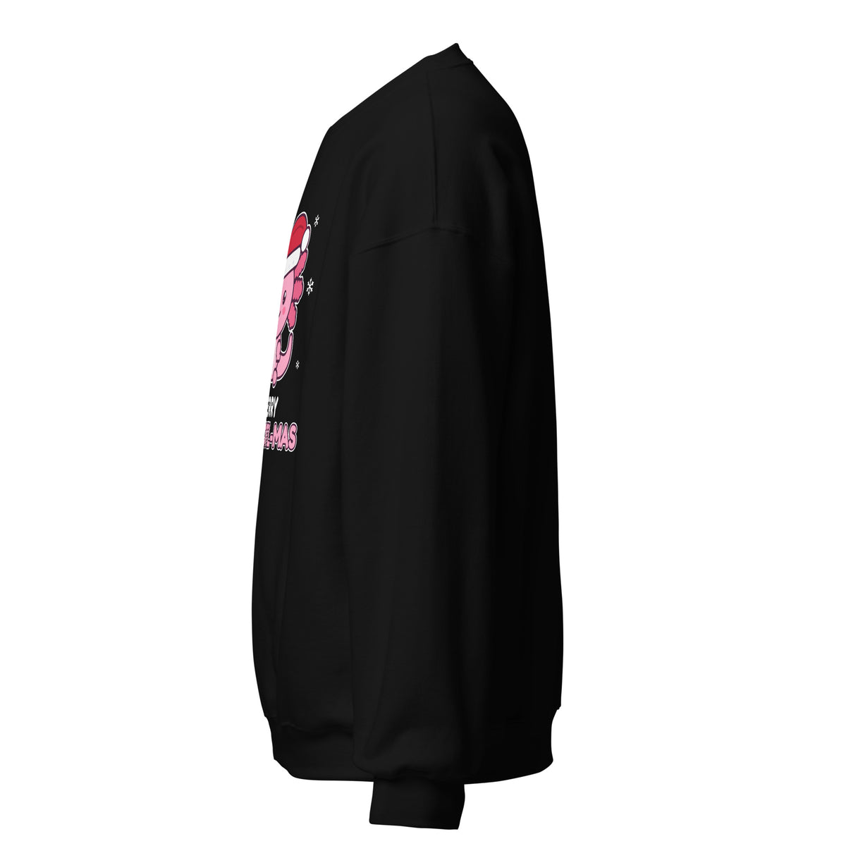 Merry Axolotl-Mas Christmas Sweatshirt in Black, left side view – E E McMace Christmas 2026