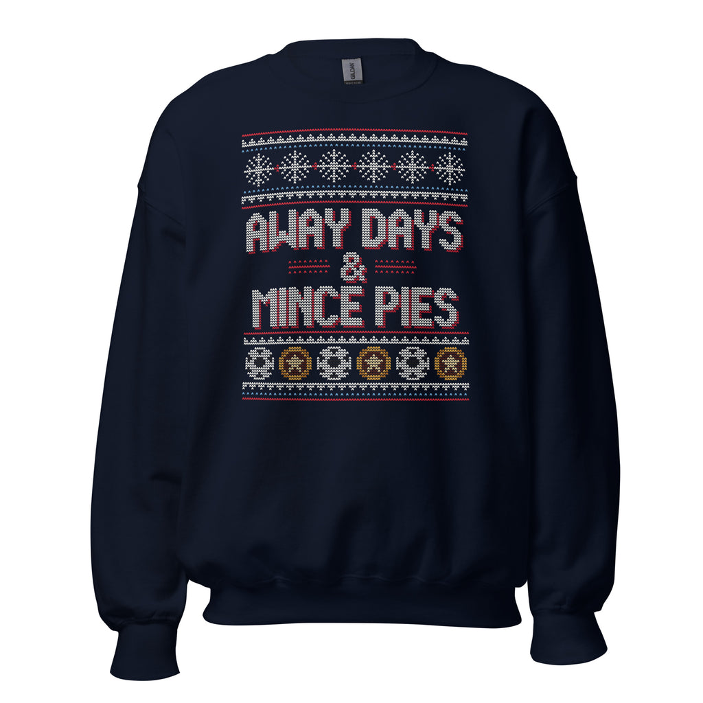 Away Days & Mince Pies Christmas Sweatshirt in Navy, front view – E E McMace Christmas 2026