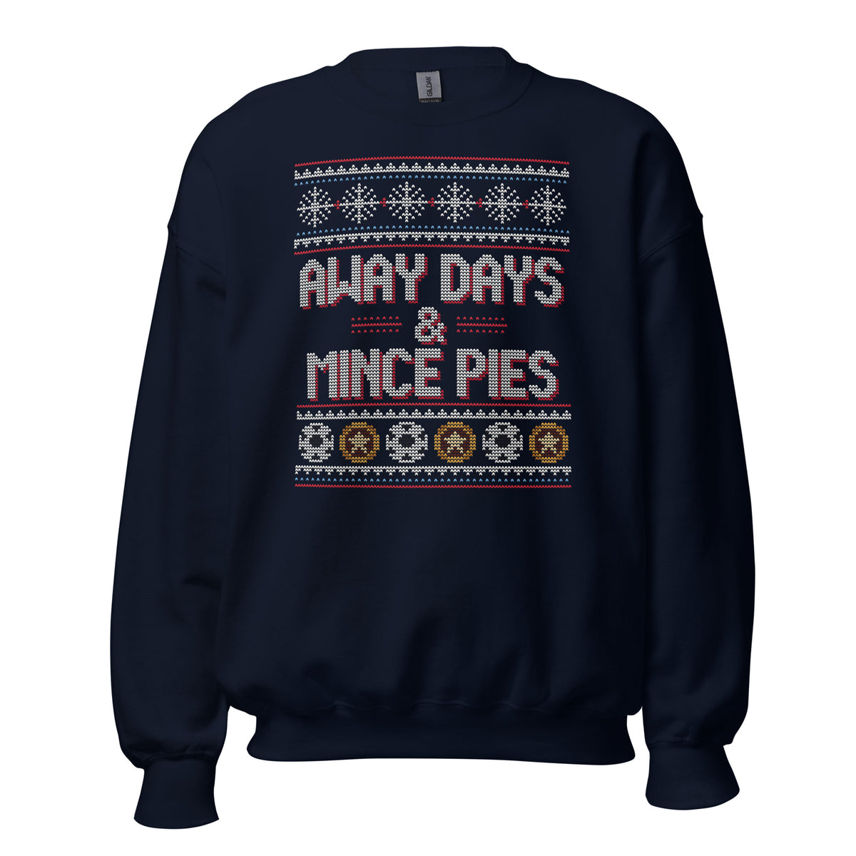 Away Days & Mince Pies Christmas Sweatshirt in Navy, front view – E E McMace Christmas 2026