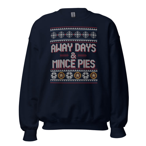 Away Days & Mince Pies Christmas Sweatshirt in Navy, front view – E E McMace Christmas 2026