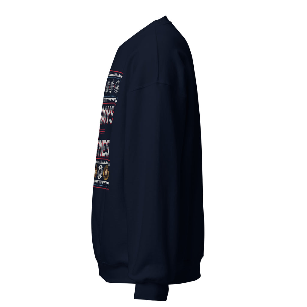 Away Days & Mince Pies Christmas Sweatshirt in Navy, left side view – E E McMace Christmas 2026