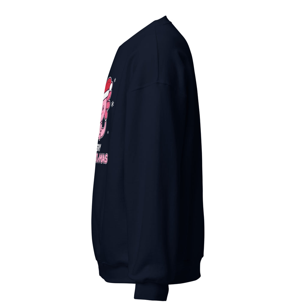Merry Axolotl-Mas Christmas Sweatshirt in Navy, left side view – E E McMace Christmas 2026