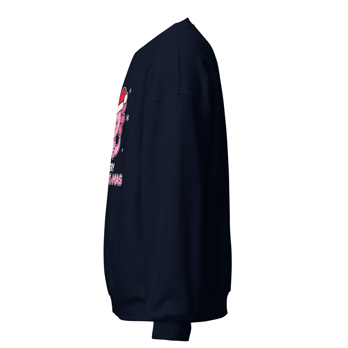 Merry Axolotl-Mas Christmas Sweatshirt in Navy, left side view – E E McMace Christmas 2026