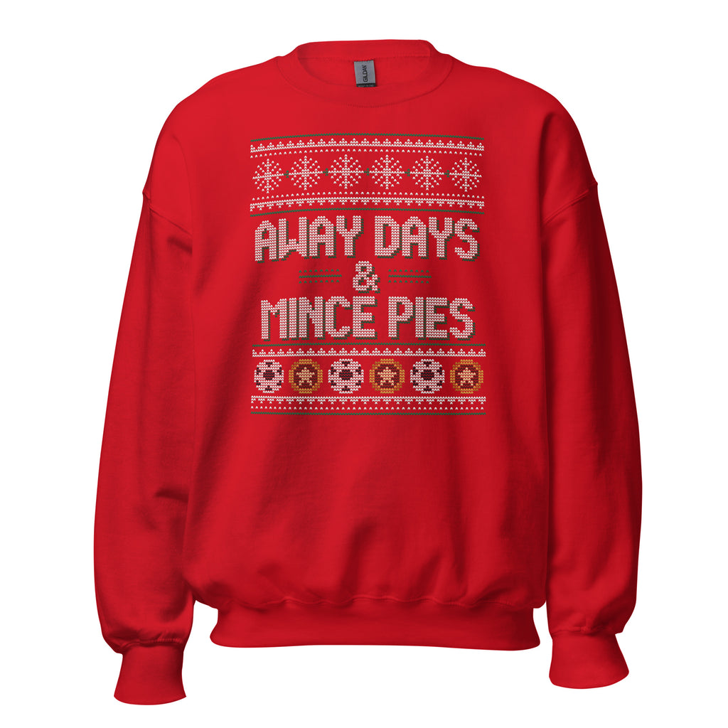 Away Days & Mince Pies Christmas Sweatshirt in Red, front view – E E McMace Christmas 2026