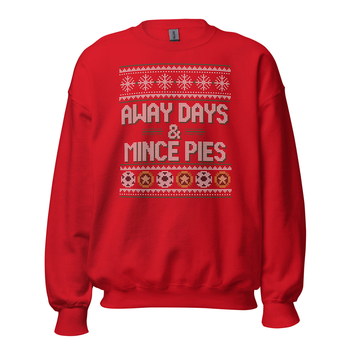 Away Days & Mince Pies Christmas Sweatshirt in Red, front view – E E McMace Christmas 2026