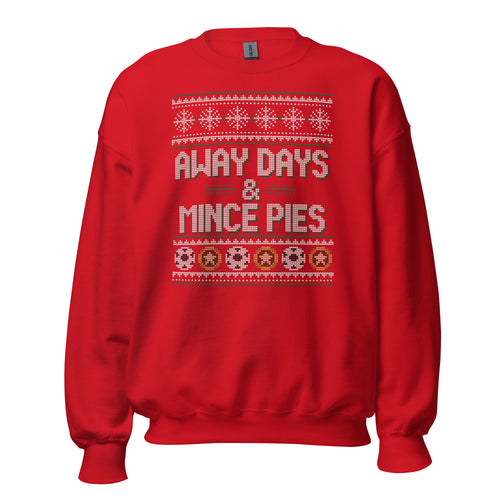 Away Days & Mince Pies Christmas Sweatshirt in Red, front view – E E McMace Christmas 2026
