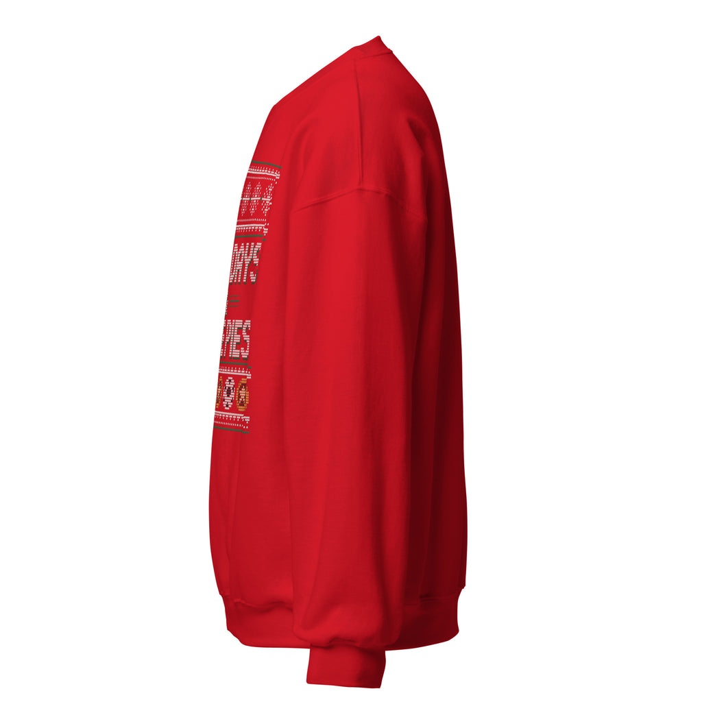 Away Days & Mince Pies Christmas Sweatshirt in Red, left side view – E E McMace Christmas 2026
