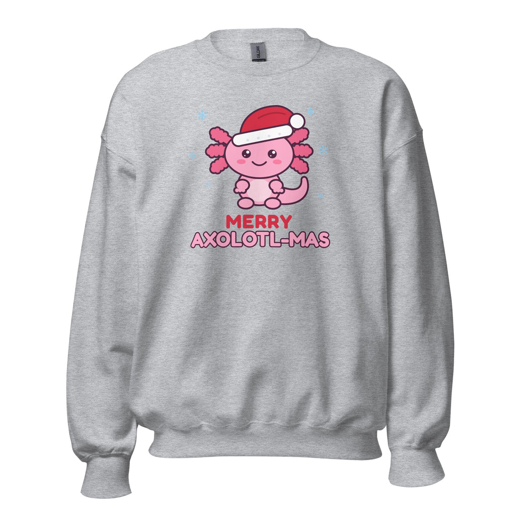 Merry Axolotl-Mas Christmas Sweatshirt in Sport Grey, front view – E E McMace Christmas 2026
