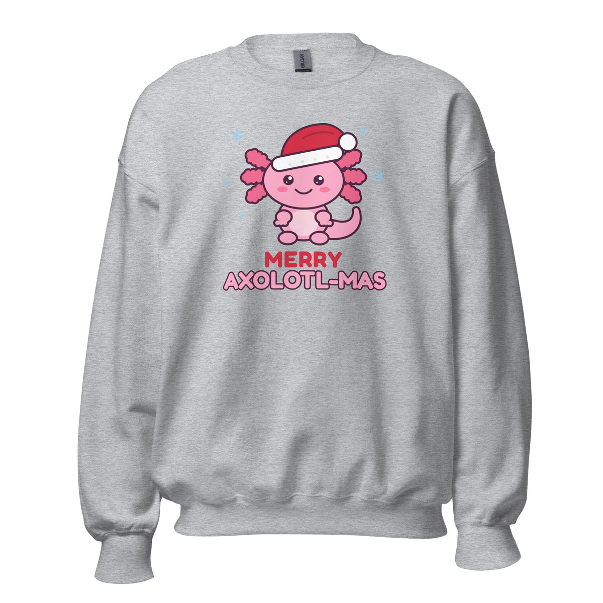 Merry Axolotl-Mas Christmas Sweatshirt in Sport Grey, front view – E E McMace Christmas 2026