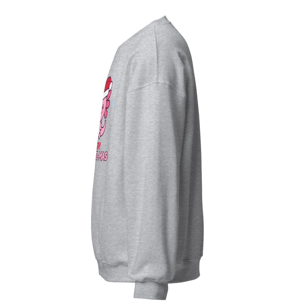 Merry Axolotl-Mas Christmas Sweatshirt in Sport Grey, left side view – E E McMace Christmas 2026