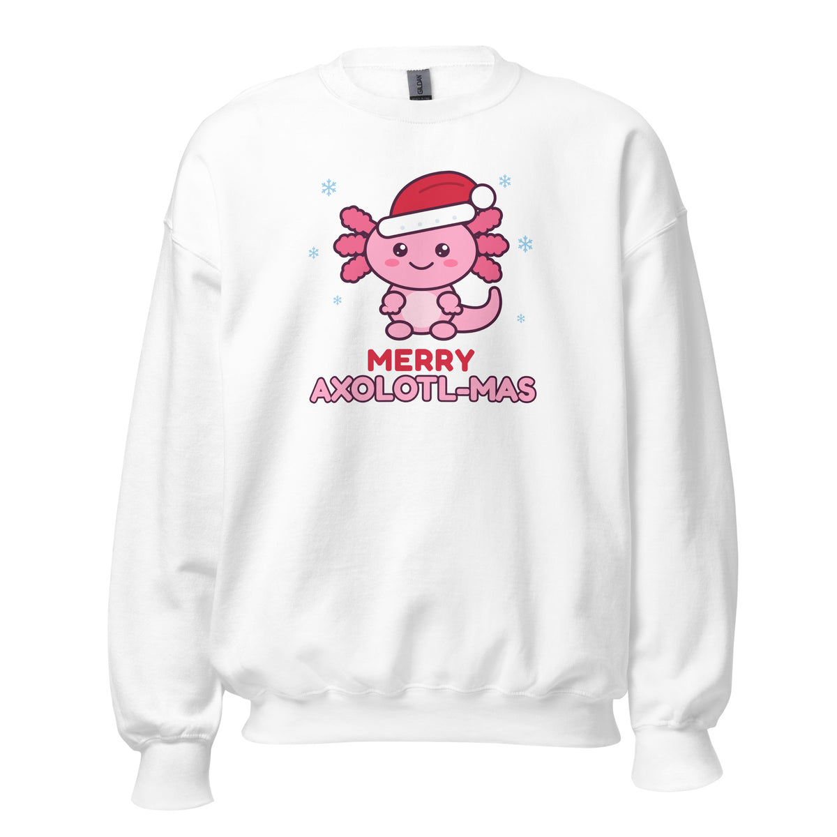 Merry Axolotl-Mas Christmas Sweatshirt in White, front view – E E McMace Christmas 2026
