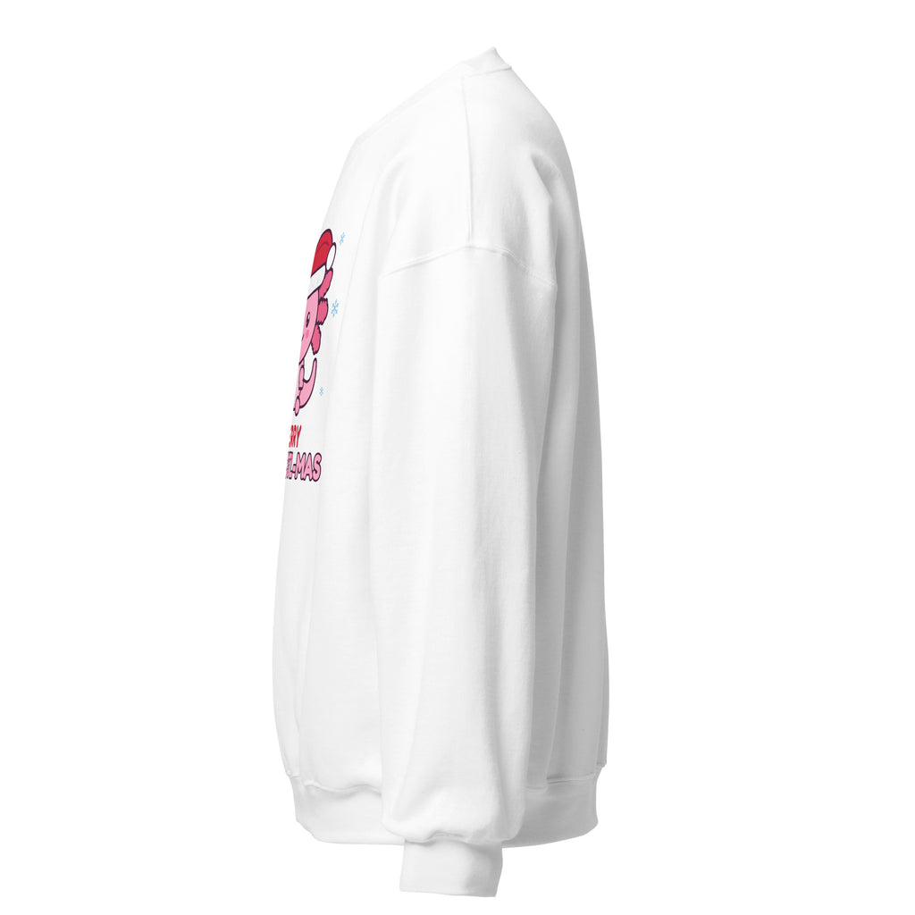 Merry Axolotl-Mas Christmas Sweatshirt in White, left side view – E E McMace Christmas 2026