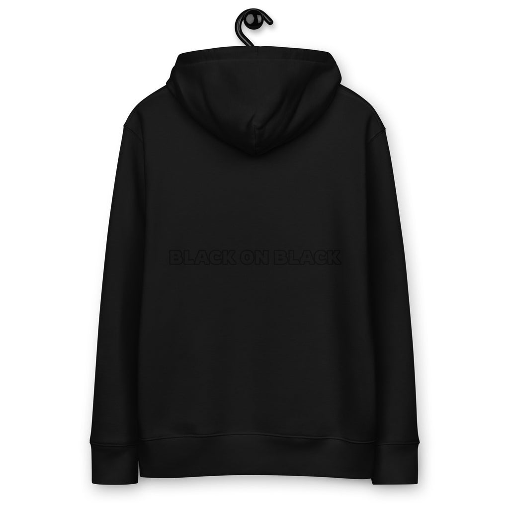 Black BOB organic cotton hoodie on a hanger – back