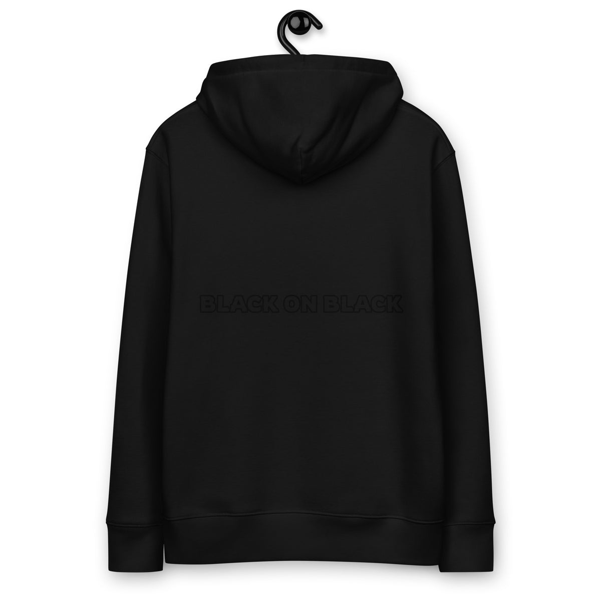 Black BOB organic cotton hoodie on a hanger – back