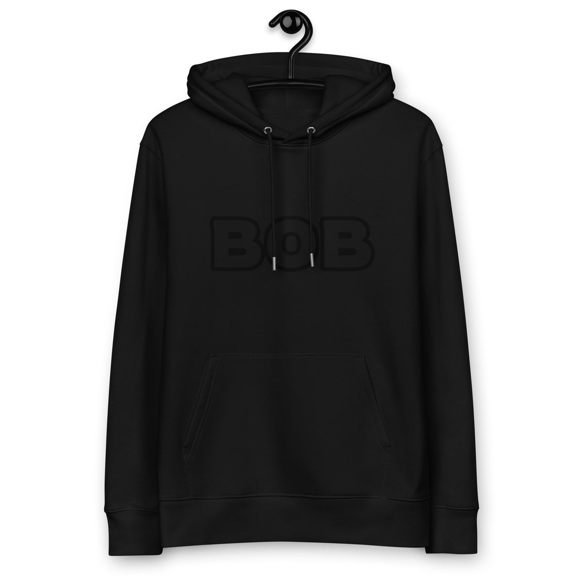 Black BOB organic cotton hoodie on a hanger – front