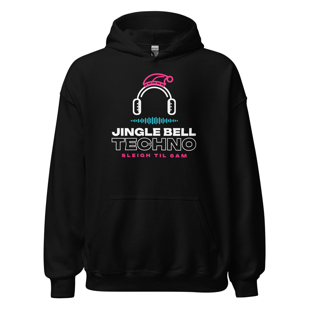 Jingle Bell Techno Hoodie in Black, front view – E E McMace Christmas 2026