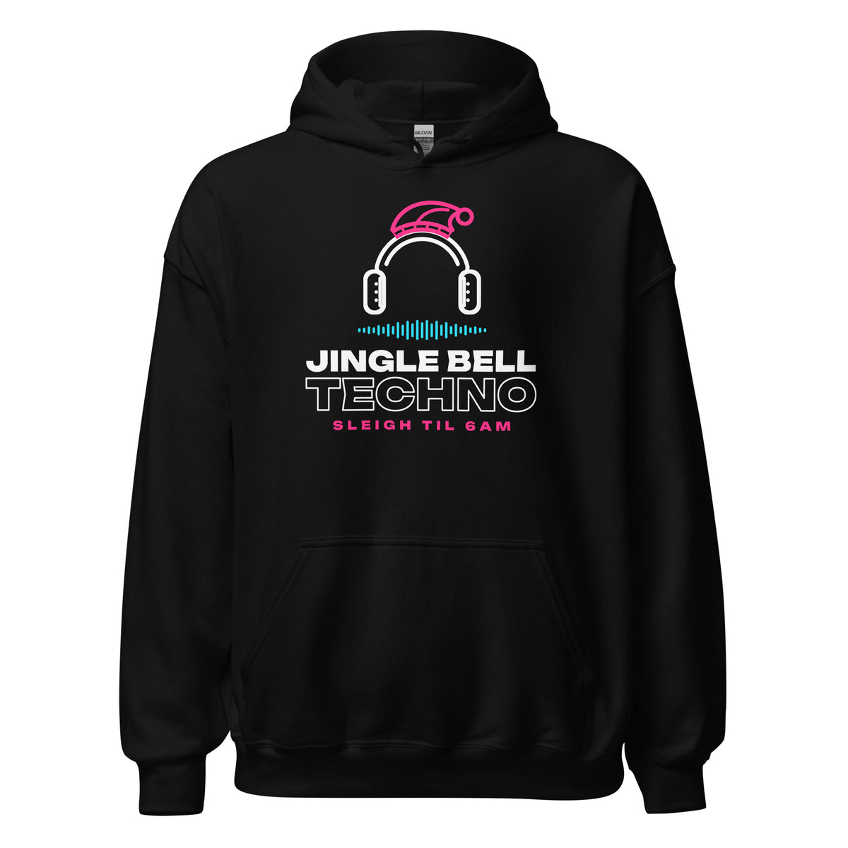 Jingle Bell Techno Hoodie in Black, front view – E E McMace Christmas 2026
