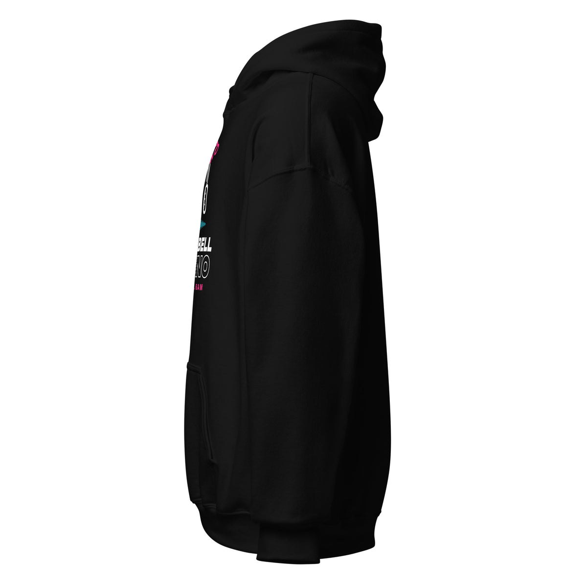 Jingle Bell Techno Hoodie in Black, left side view – E E McMace Christmas 2026