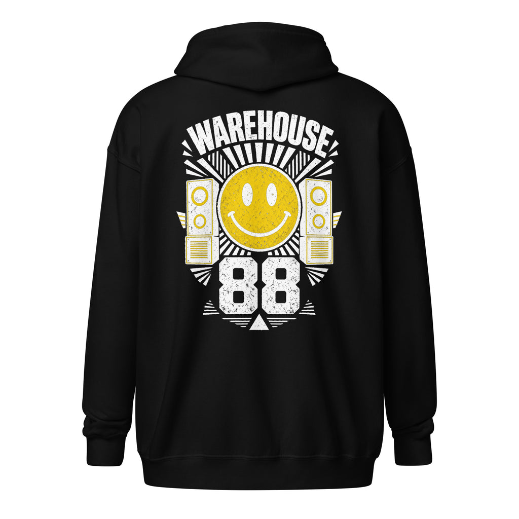 Black house music zip hoodie – back, Warehouse 88 print