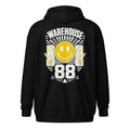 Black house music zip hoodie – back, Warehouse 88 print