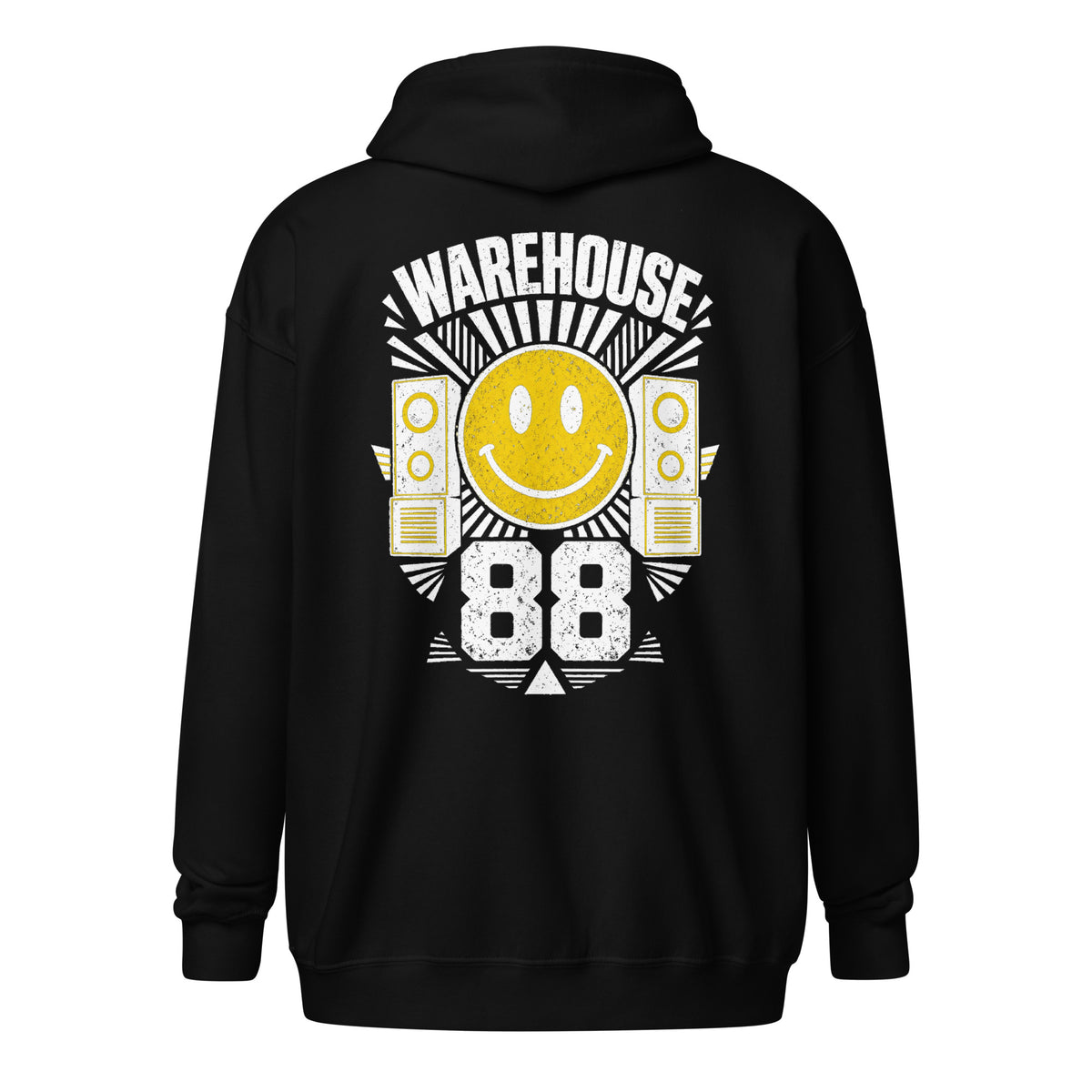 Black house music zip hoodie – back, Warehouse 88 print