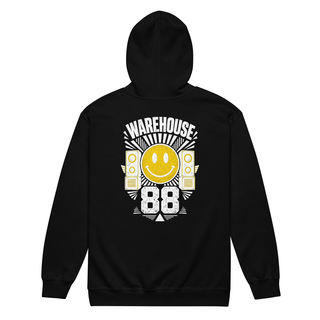 Black house music zip hoodie with hood up – back, Warehouse 88 print
