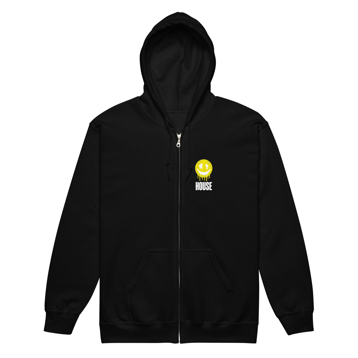 Black house music zip hoodie with hood up – front