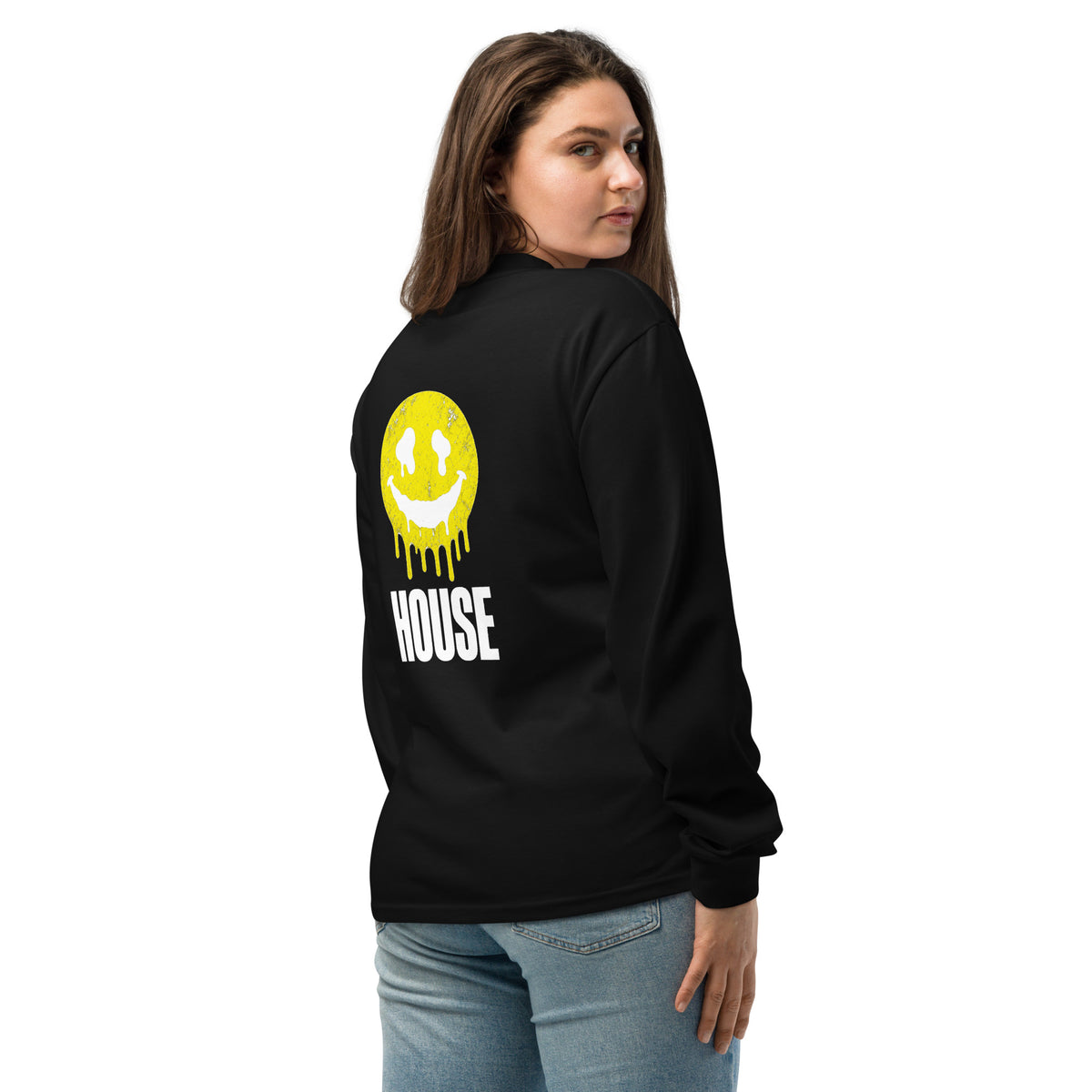 House Smiley Premium Heavyweight Long Sleeve Shirt in black – back – E E McMace