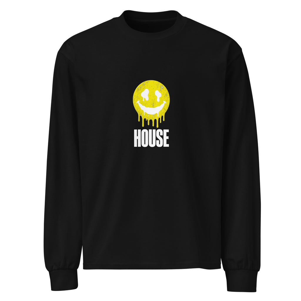 House Smiley Premium Heavyweight Long Sleeve Shirt in black – front – E E McMace