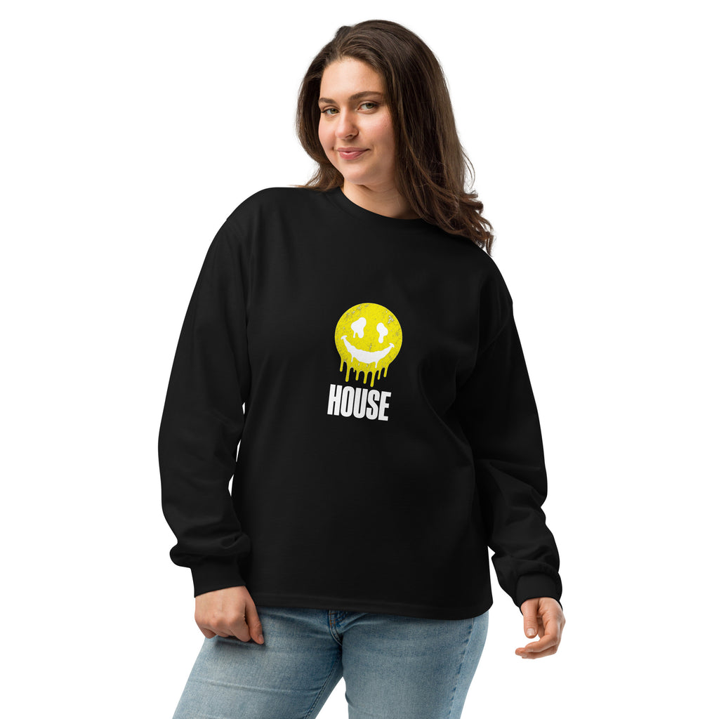 House Smiley Premium Heavyweight Long Sleeve Shirt in black – front – E E McMace