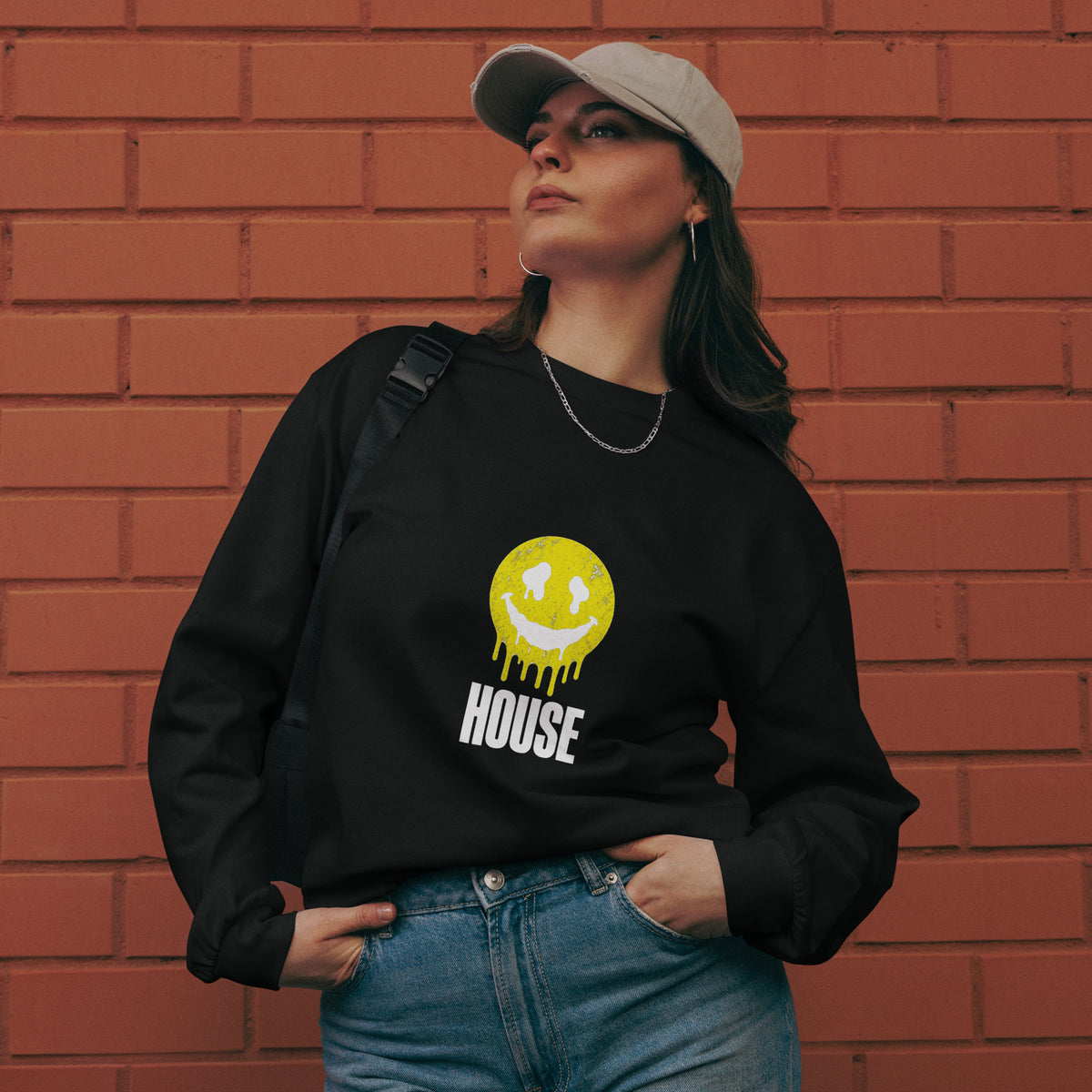 House Smiley Premium Heavyweight Long Sleeve Shirt in black – front – E E McMace