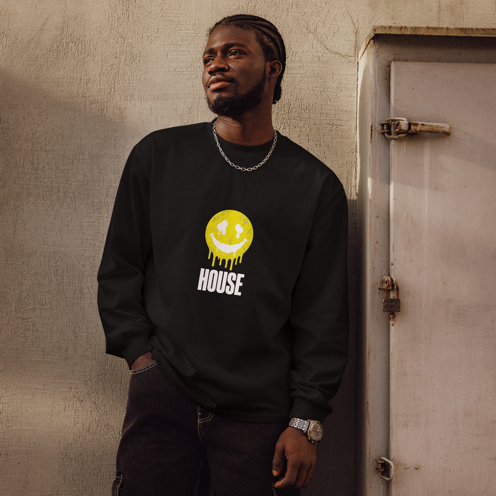 House Smiley Premium Heavyweight Long Sleeve Shirt in black – front – E E McMace