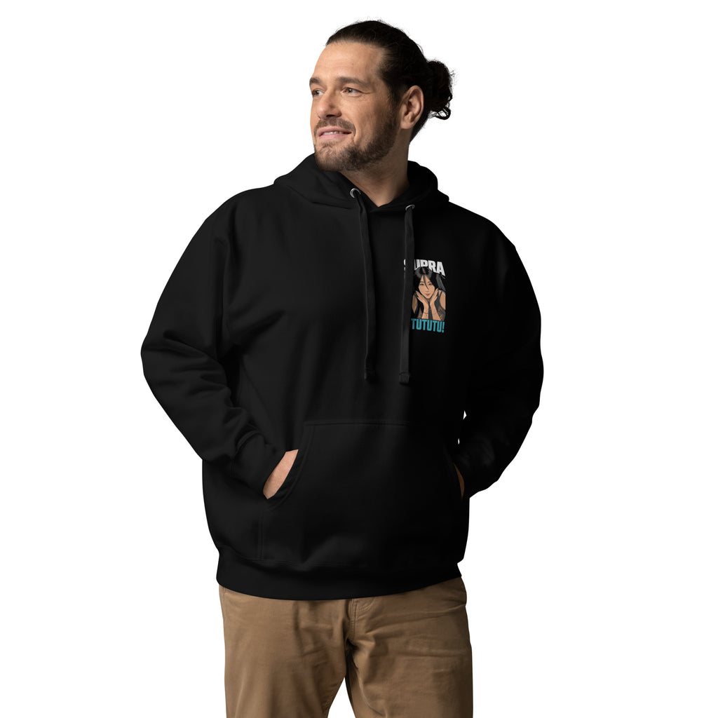 Man wearing the black Japan supercar hoodie, hands in pocket