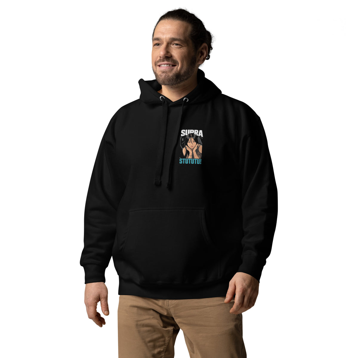 Man wearing the black Japan supercar hoodie – front