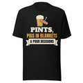 Pints, Pigs in Blankets & Poor Decisions T-Shirt in Black, front view – E E McMace Christmas 2026