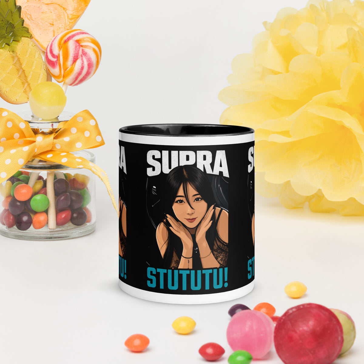 Japanese supercar mug with sweets in the background