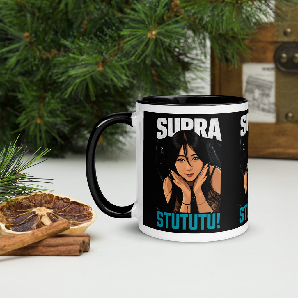 Japanese supercar mug on a festive table, handle left