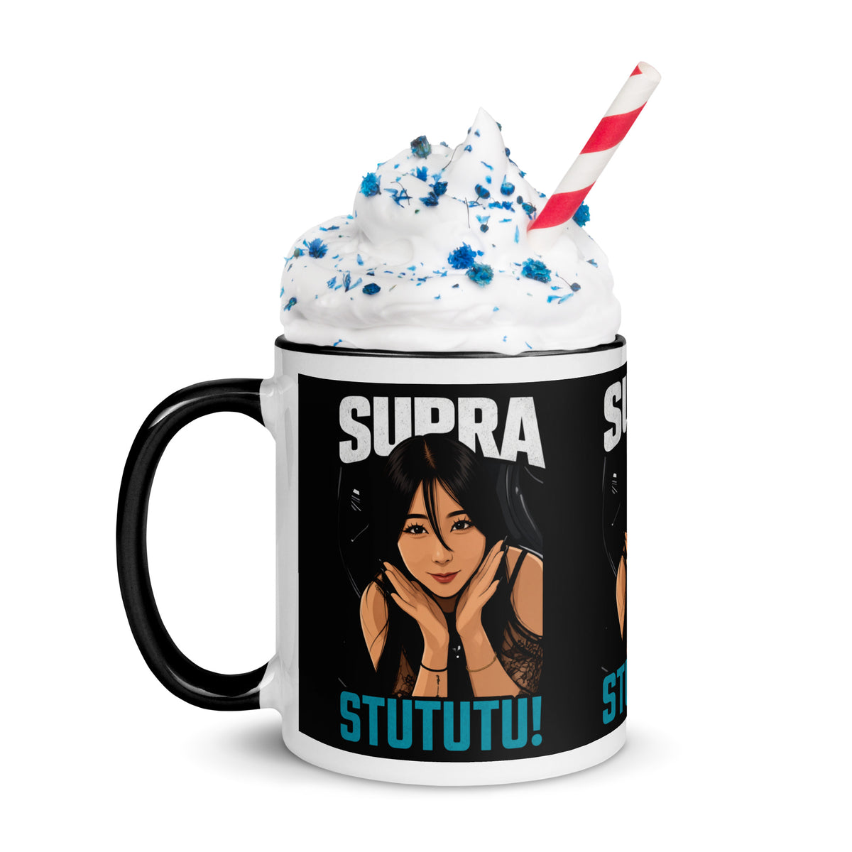 Japanese supercar mug topped with whipped cream, handle left