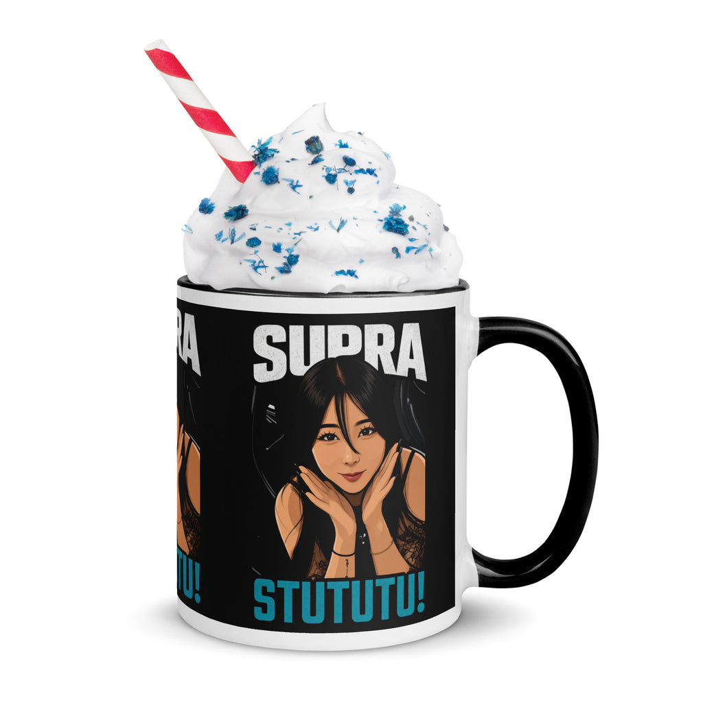 Japanese supercar mug topped with whipped cream, handle right