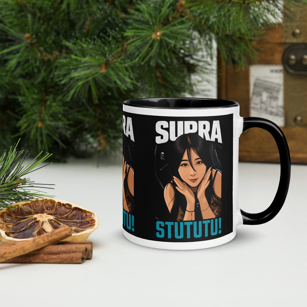 Japanese supercar mug on a festive table, handle right
