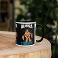 Japanese supercar mug with black rim and handle on a wooden table