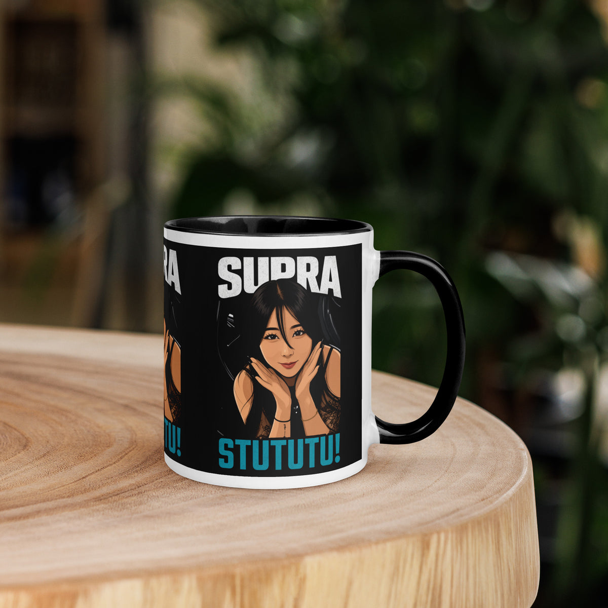 Japanese supercar mug with black rim and handle on a wooden table