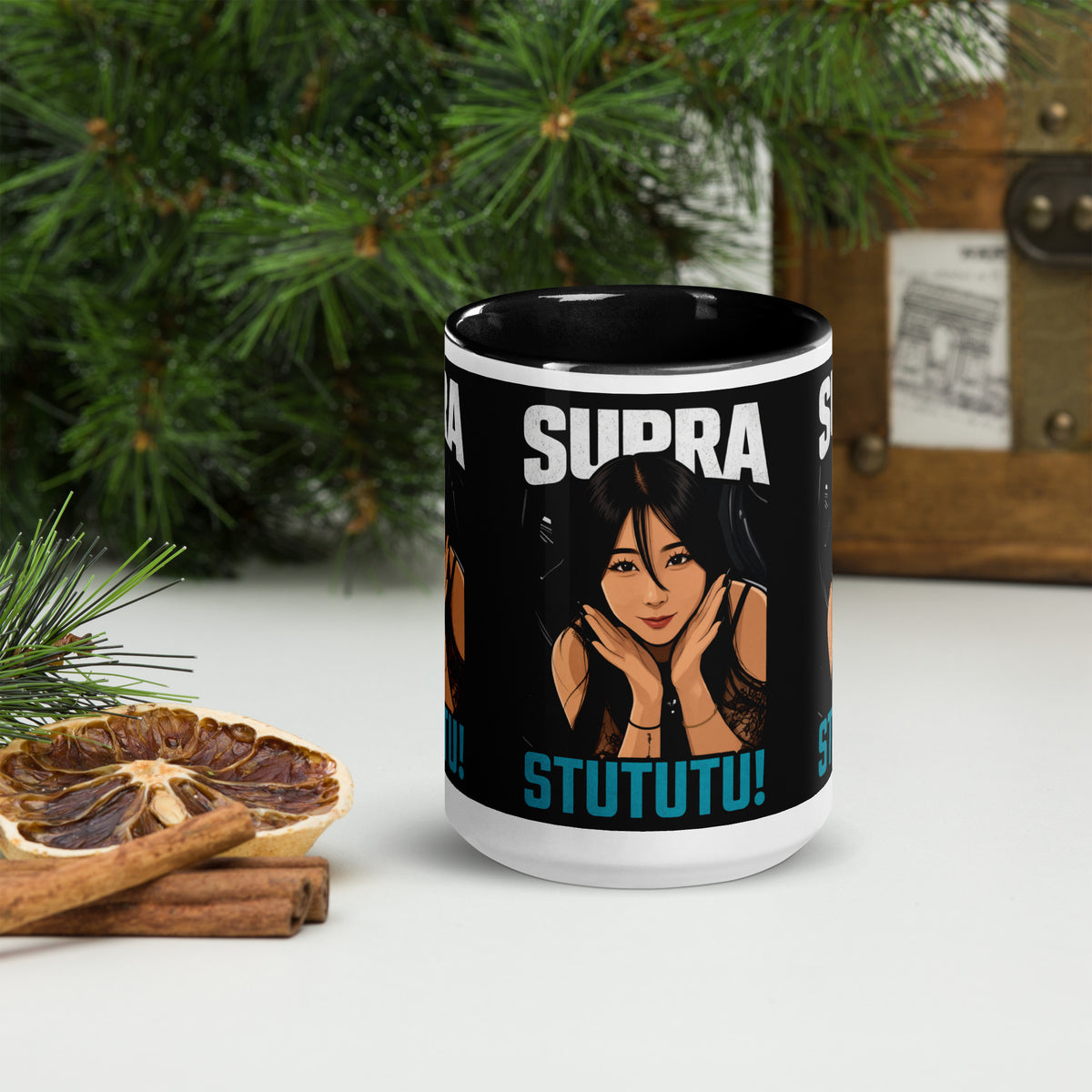 15oz Japanese supercar mug on a festive table, handle right