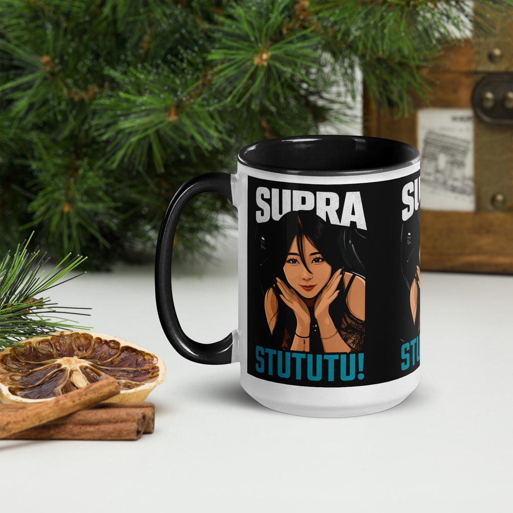 15oz Japanese supercar mug on a festive table, handle left